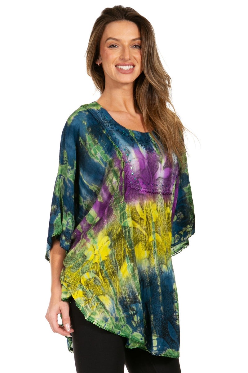 Sakkas Ellesa Ombre Tie Dye Circle Poncho Blouse Shirt Top With Sequin Embroidery