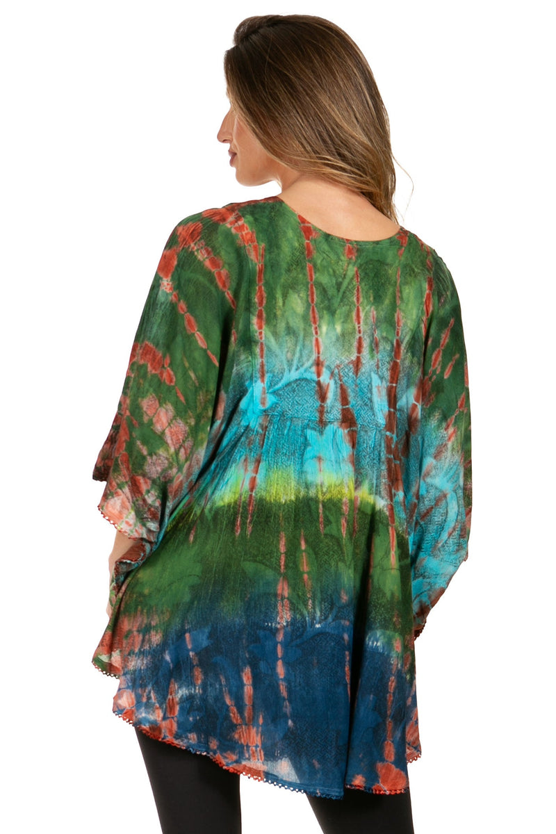 Sakkas Ellesa Ombre Tie Dye Circle Poncho Blouse Shirt Top With Sequin Embroidery