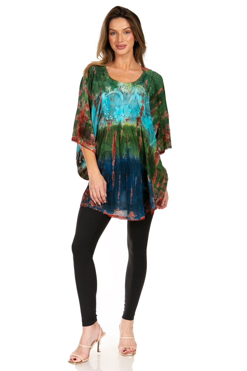 Sakkas Ellesa Ombre Tie Dye Circle Poncho Blouse Shirt Top With Sequin Embroidery