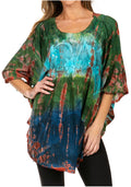 Sakkas Ellesa Ombre Tie Dye Circle Poncho Blouse Shirt Top With Sequin Embroidery#color_Green/Turquoise