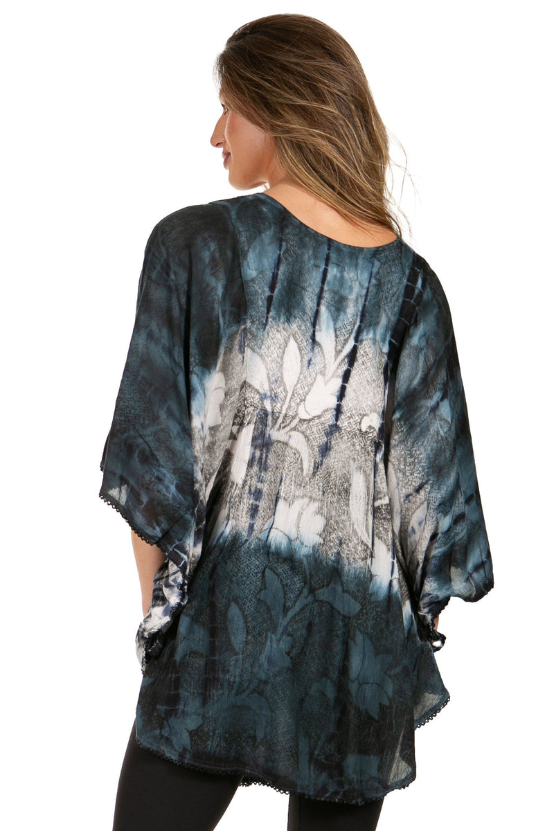 Sakkas Ellesa Ombre Tie Dye Circle Poncho Blouse Shirt Top With Sequin Embroidery