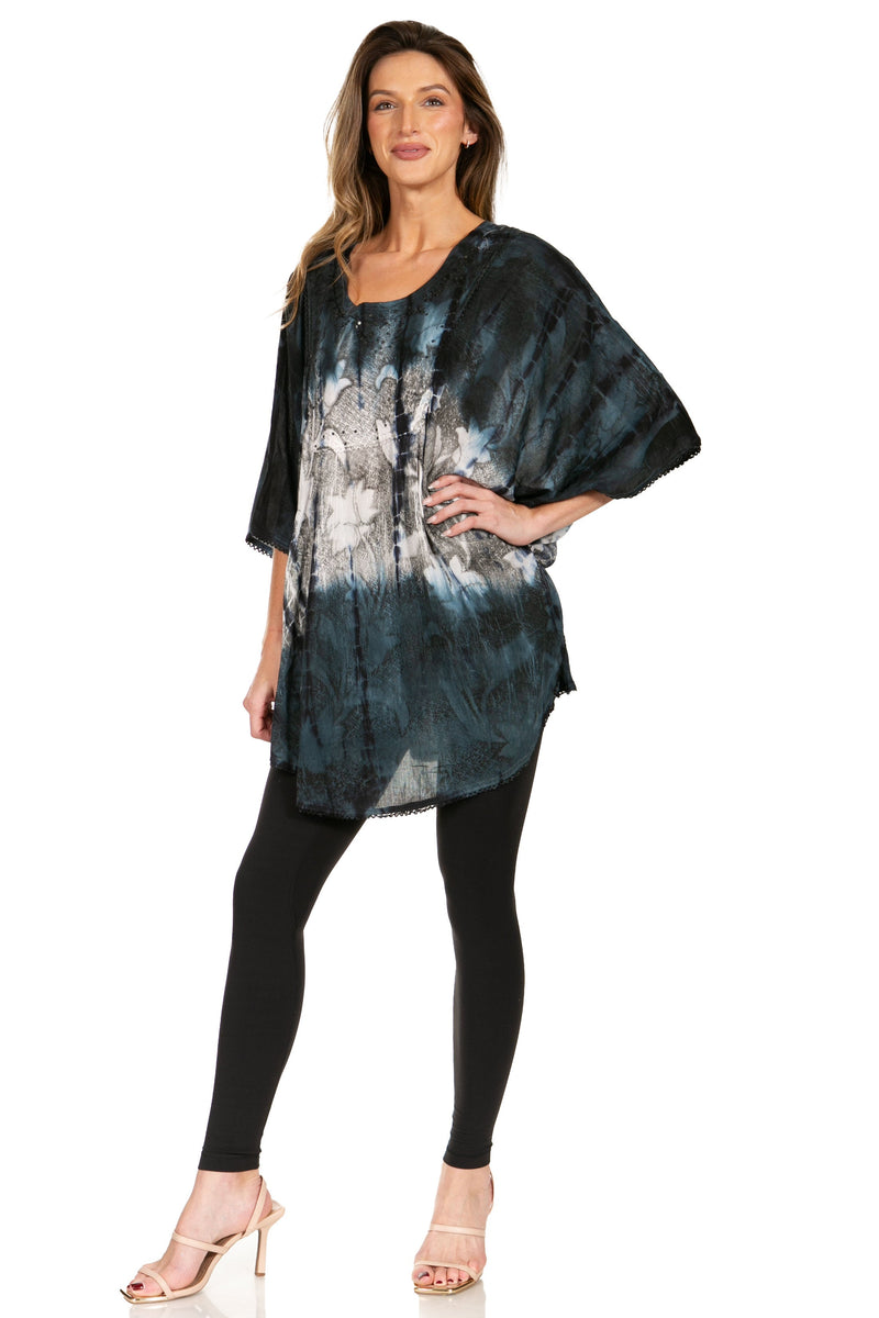 Sakkas Ellesa Ombre Tie Dye Circle Poncho Blouse Shirt Top With Sequin Embroidery