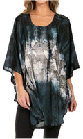 Sakkas Ellesa Ombre Tie Dye Circle Poncho Blouse Shirt Top With Sequin Embroidery#color_Grey/Cream