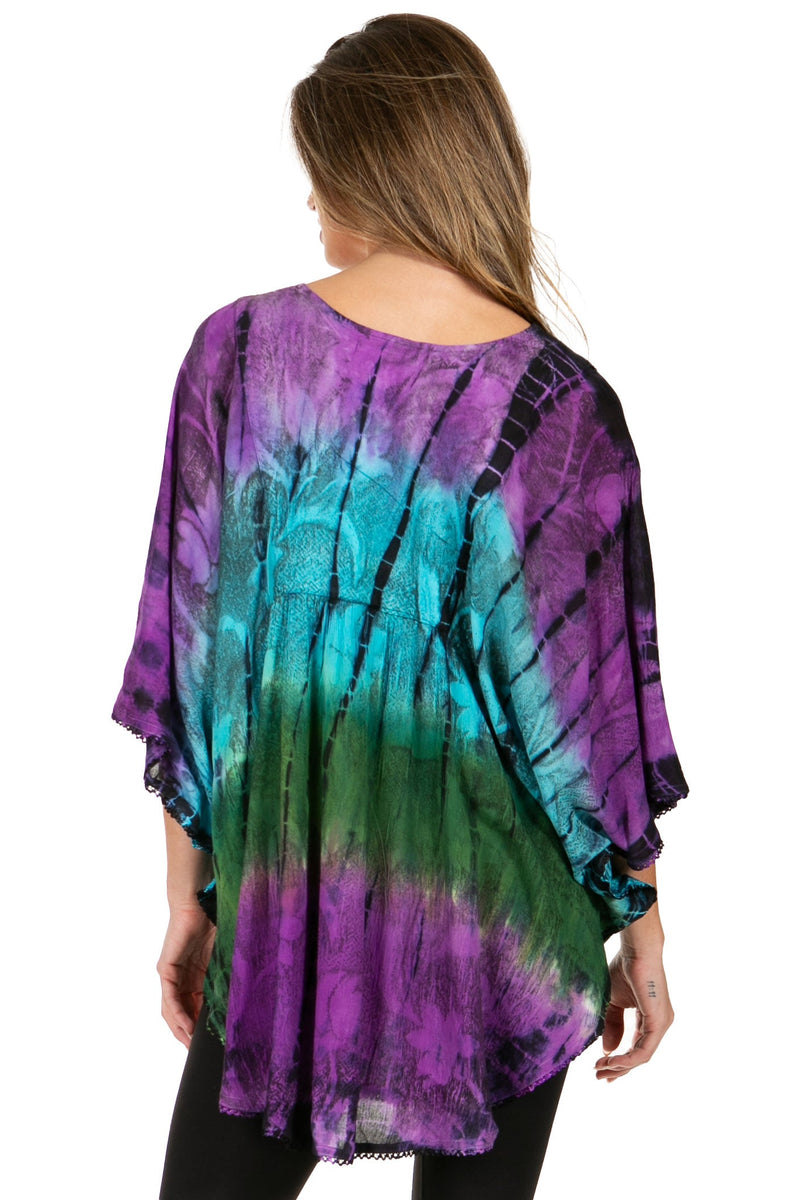 Sakkas Ellesa Ombre Tie Dye Circle Poncho Blouse Shirt Top With Sequin Embroidery