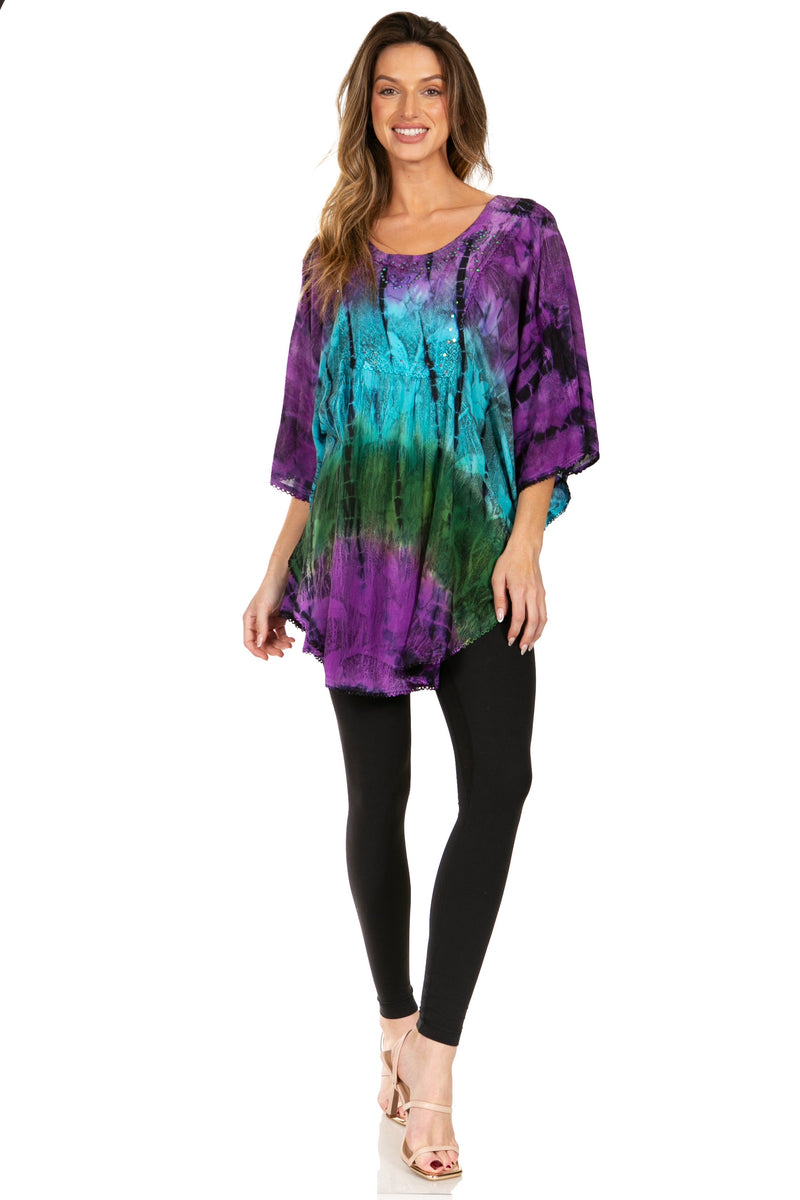 Sakkas Ellesa Ombre Tie Dye Circle Poncho Blouse Shirt Top With Sequin Embroidery