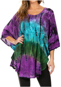 Sakkas Ellesa Ombre Tie Dye Circle Poncho Blouse Shirt Top With Sequin Embroidery#color_Purple/Turquoise