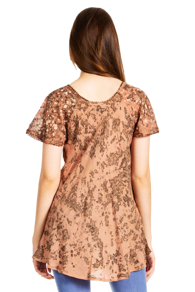 Sakkas Ash Speckled Tiedye Embroidered Cap Sleeve Blouse Top With Embroidery Hems