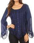 Sakkas Aura Womens Casual Ruffle Flare Crop Top Blouse Long Sleeves w/Embroidery#color_Blue