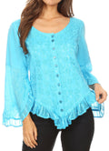 Sakkas Aura Womens Casual Ruffle Flare Crop Top Blouse Long Sleeves w/Embroidery#color_Turquoise