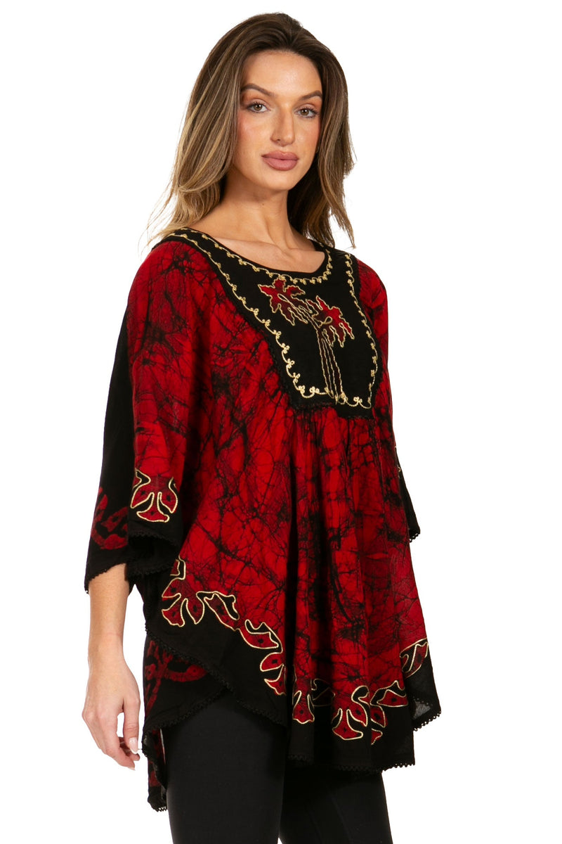 Sakkas Lynda Two Tone Batik Embroidered Palm Tree Peasant Top / Poncho