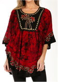 Sakkas Lynda Two Tone Batik Embroidered Palm Tree Peasant Top / Poncho#color_Black/Red