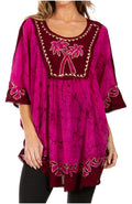 Sakkas Lynda Two Tone Batik Embroidered Palm Tree Peasant Top / Poncho#color_Burgandy / Pink