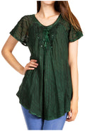 Sakkas Donna Women's Casual Lace Short Sleeve Tie Dye Corset Loose Top Blouse#color_19203-Green