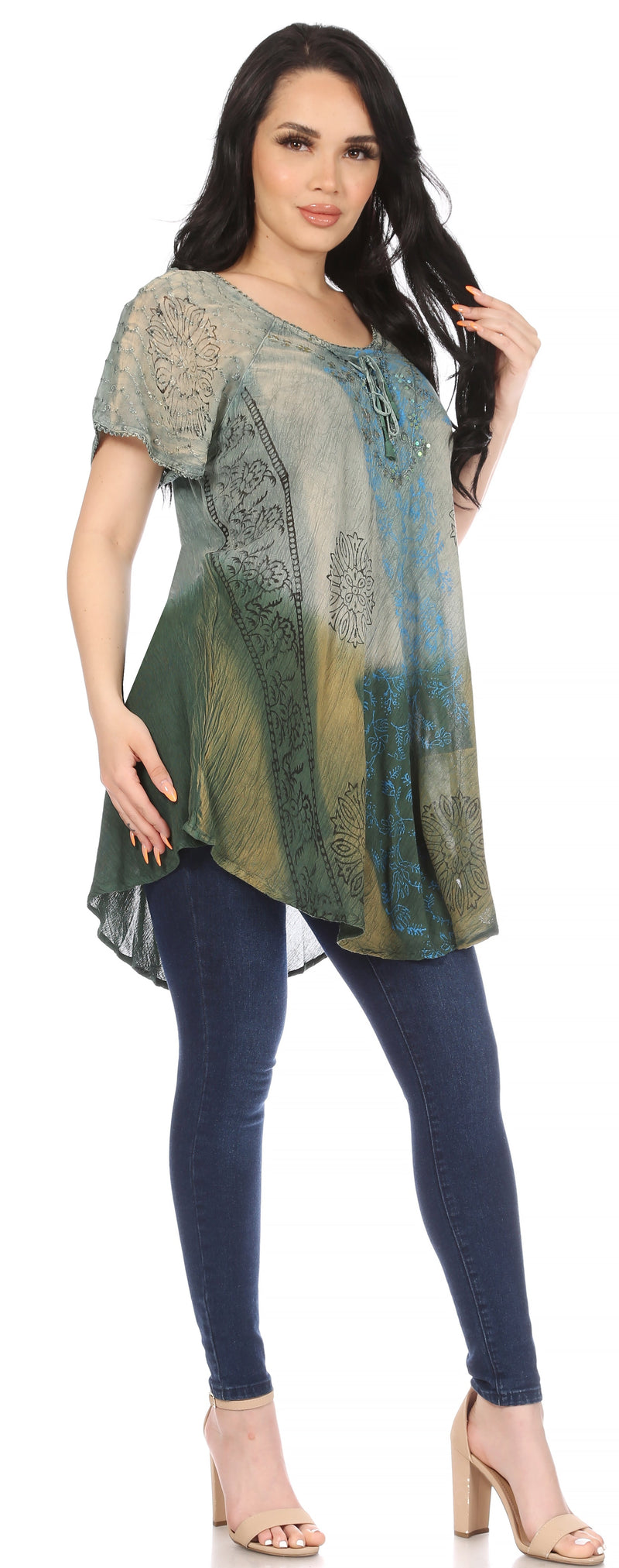 Sakkas Marzia Women's Loose Fit Short Sleeve Casual Tie Dye Batik Blouse Top Tunic