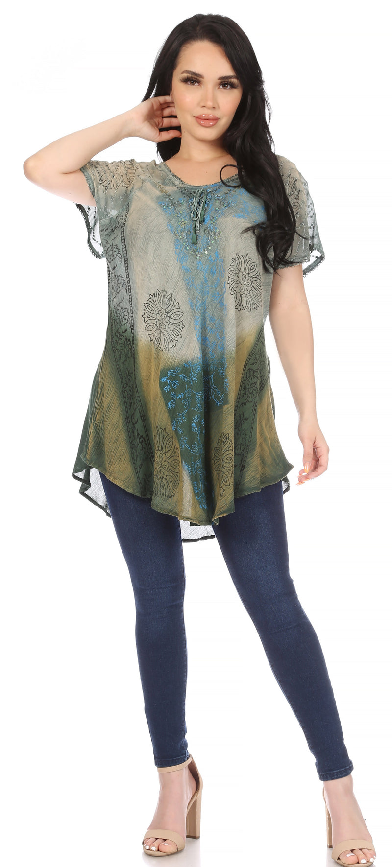 Sakkas Marzia Women's Loose Fit Short Sleeve Casual Tie Dye Batik Blouse Top Tunic