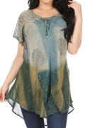 Sakkas Marzia Women's Loose Fit Short Sleeve Casual Tie Dye Batik Blouse Top Tunic#color_19208-Grey