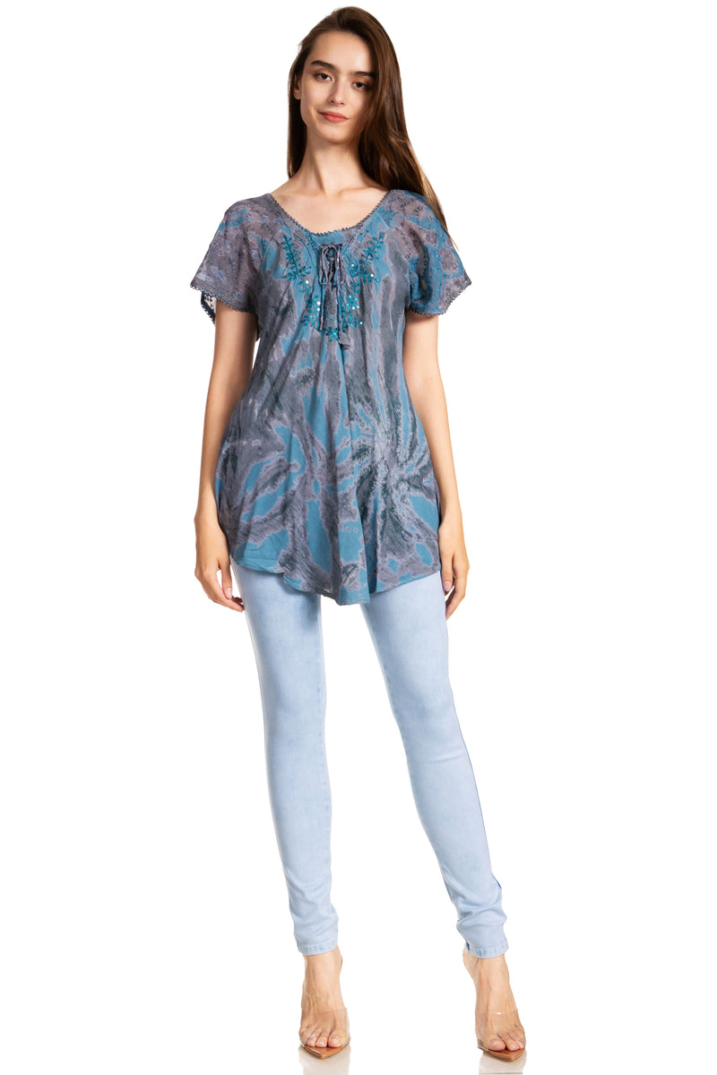 Sakkas Marzia Women's Loose Fit Short Sleeve Casual Tie Dye Batik Blouse Top Tunic