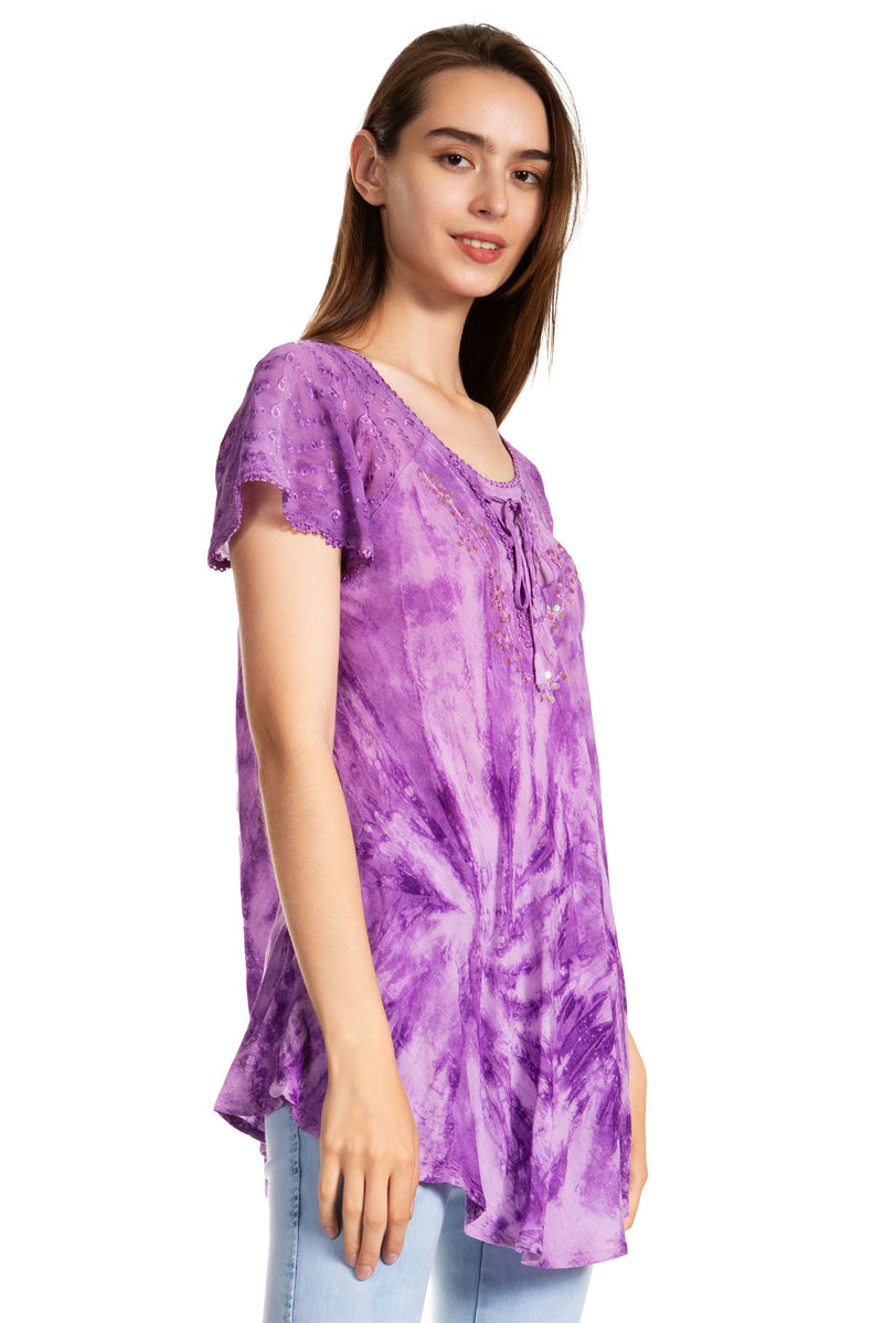 Sakkas Marzia Women's Loose Fit Short Sleeve Casual Tie Dye Batik Blouse Top Tunic