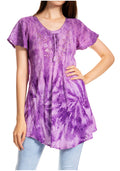 Sakkas Marzia Women's Loose Fit Short Sleeve Casual Tie Dye Batik Blouse Top Tunic#color_19211-Purple