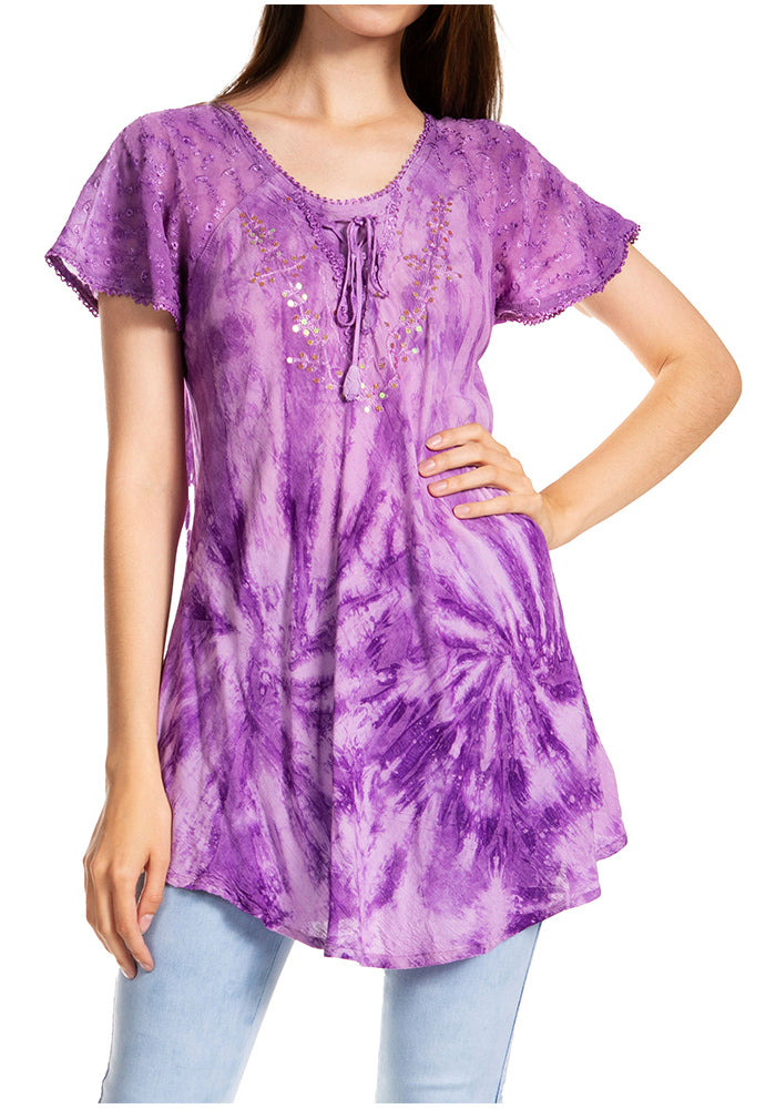 Sakkas Marzia Women's Loose Fit Short Sleeve Casual Tie Dye Batik Blouse Top Tunic