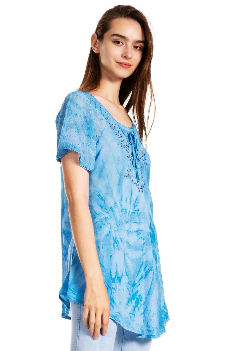 Sakkas Marzia Women's Loose Fit Short Sleeve Casual Tie Dye Batik Blouse Top Tunic