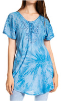 Sakkas Marzia Women's Loose Fit Short Sleeve Casual Tie Dye Batik Blouse Top Tunic#color_19211-Teal