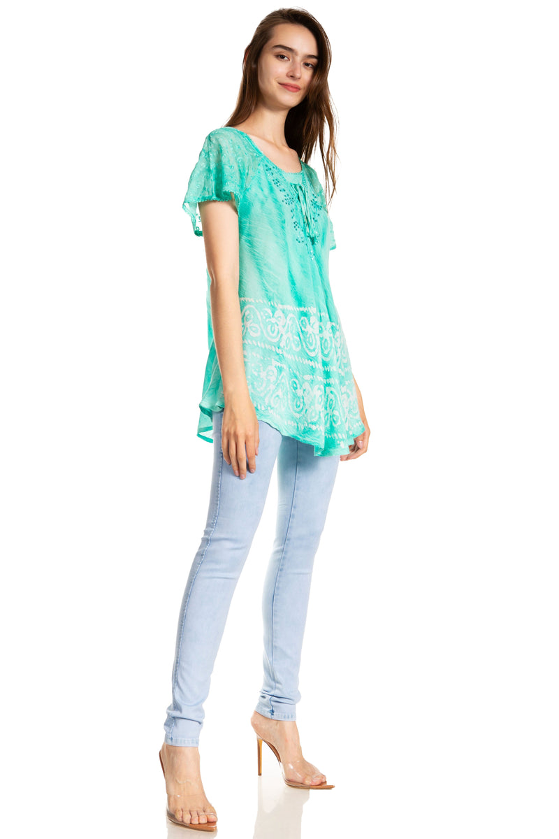 Sakkas Marzia Women's Loose Fit Short Sleeve Casual Tie Dye Batik Blouse Top Tunic