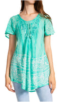 Sakkas Marzia Women's Loose Fit Short Sleeve Casual Tie Dye Batik Blouse Top Tunic#color_Teal