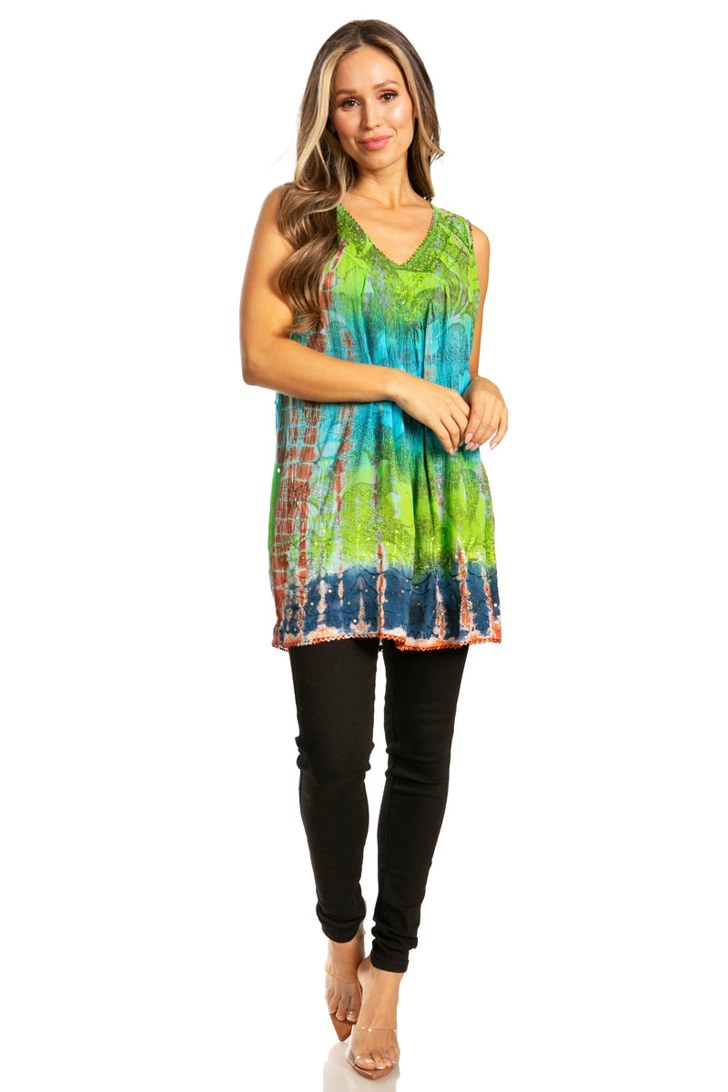 Sakkas Women's Tie Dye Floral Sequin Sleeveless Blouse