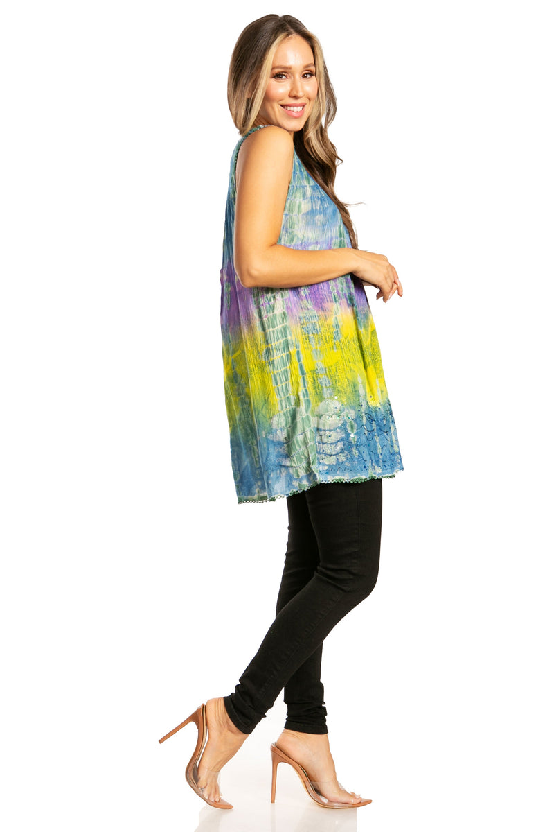 Sakkas Women's Tie Dye Floral Sequin Sleeveless Blouse