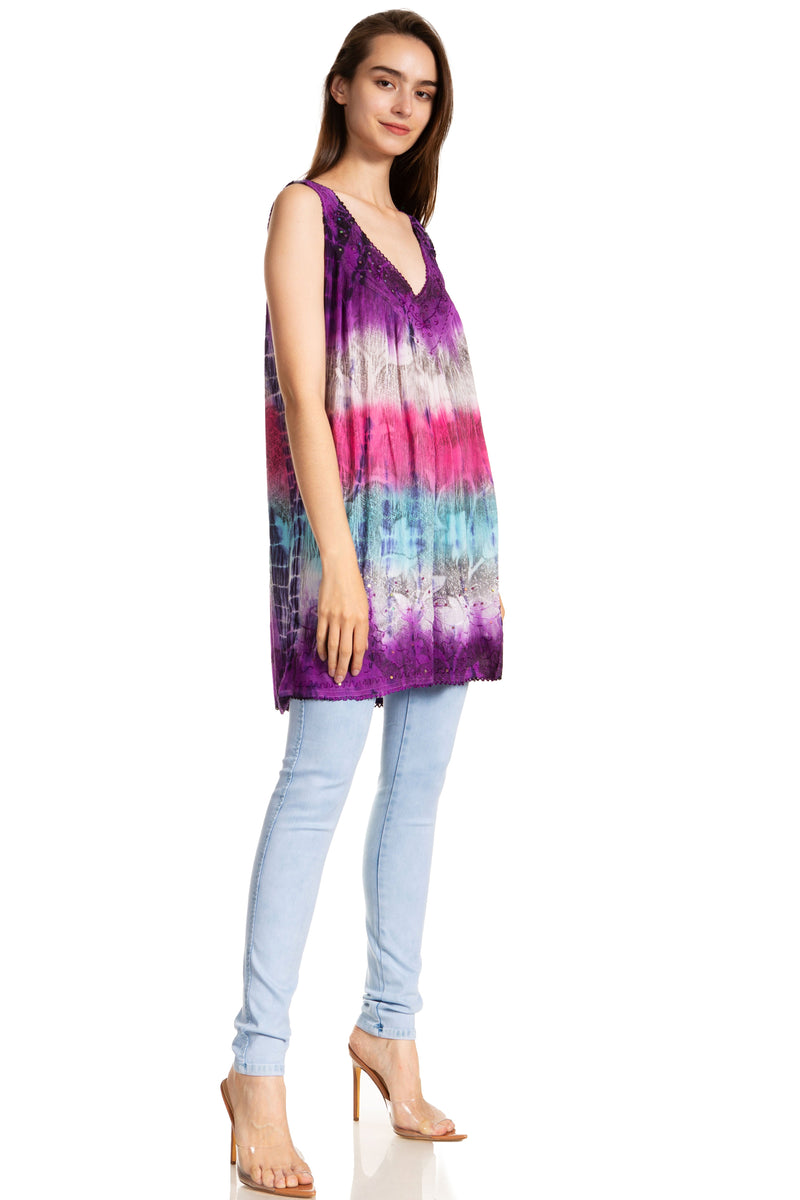 Sakkas Women's Tie Dye Floral Sequin Sleeveless Blouse