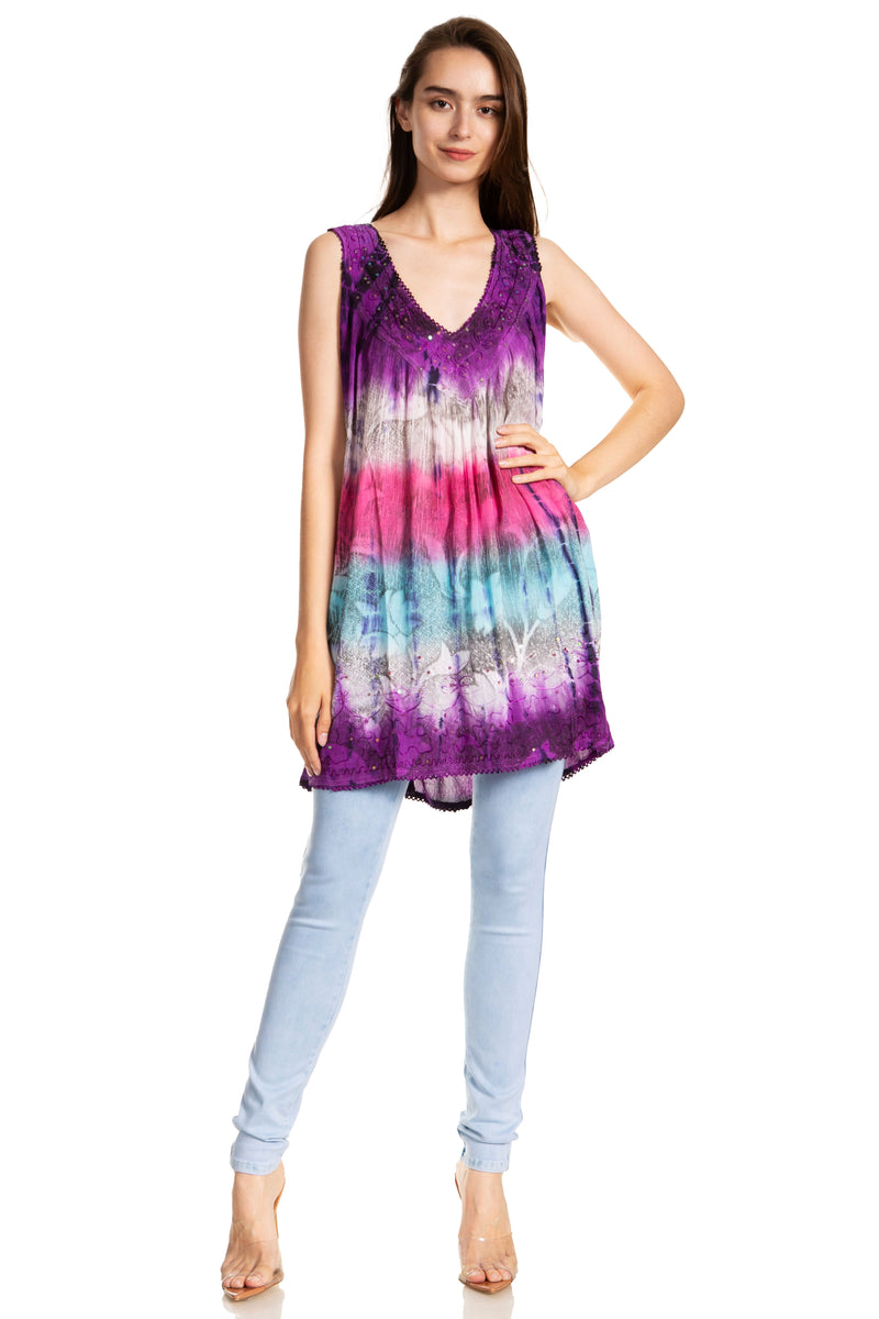 Sakkas Women's Tie Dye Floral Sequin Sleeveless Blouse