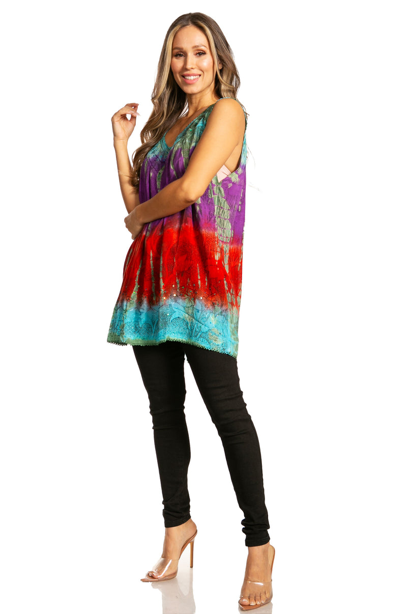 Sakkas Women's Tie Dye Floral Sequin Sleeveless Blouse