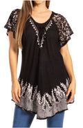 Sakkas Cora Relaxed Fit Batik Design Embroidery Cap Sleeves Blouse / Top#color_Black/Grey