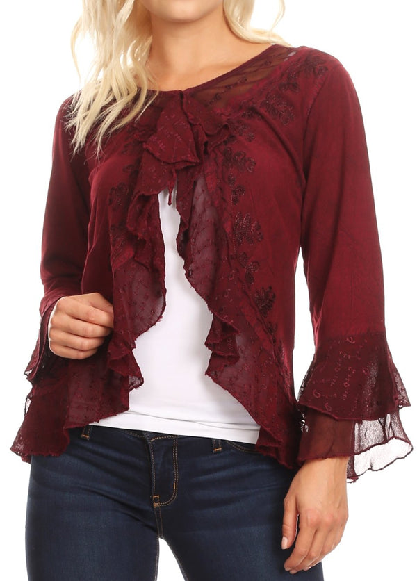 Sakkas Jimena Womens Ruffle 3/4 Sleeve Open Front Cropped Cardigan Top Lace#color_Burgundy