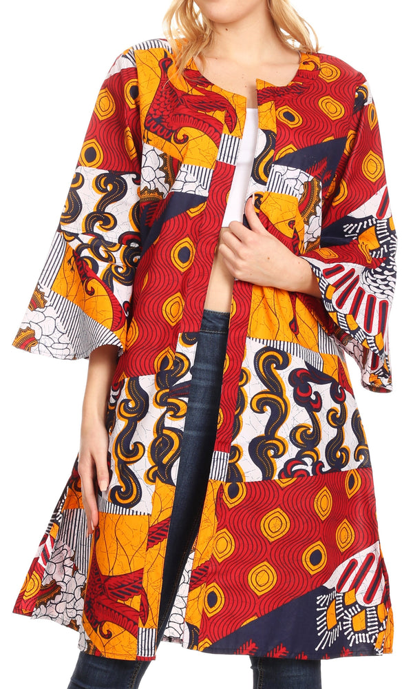 Sakkas Praya Women's Long Sleeve Open Front Cardigan Dress Coat African Ankara#color_120-WhiteNavyRed