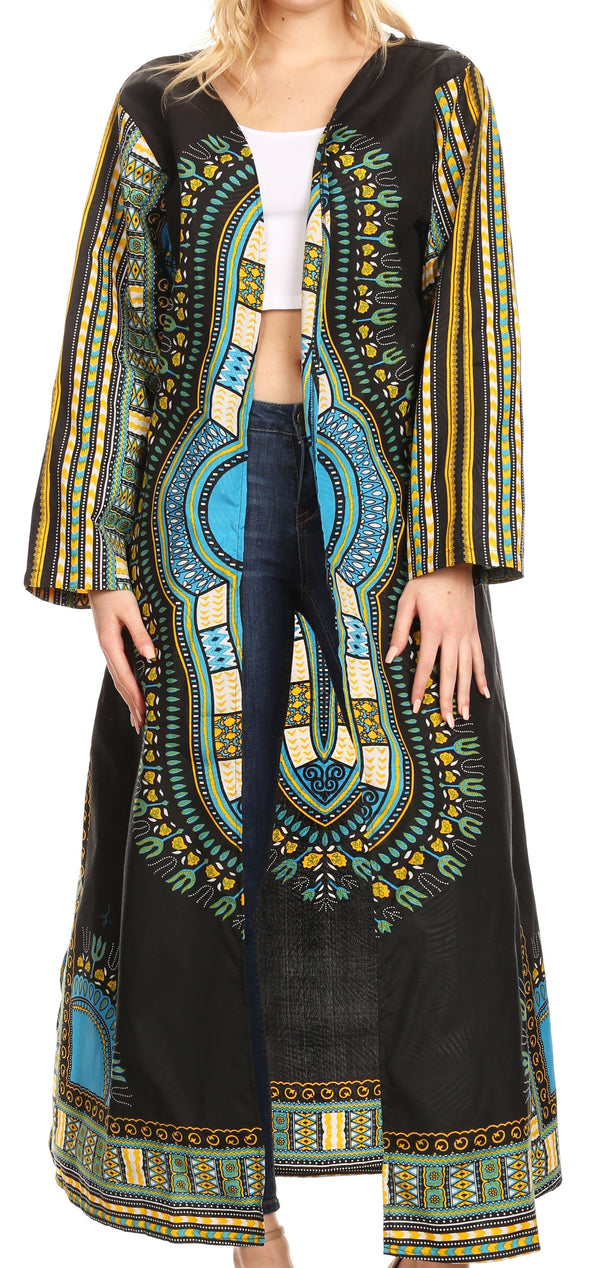 Sakkas Soledad Women's Long Sleeve Open Front Cardigan Dress Coat Dashiki African#color_Black