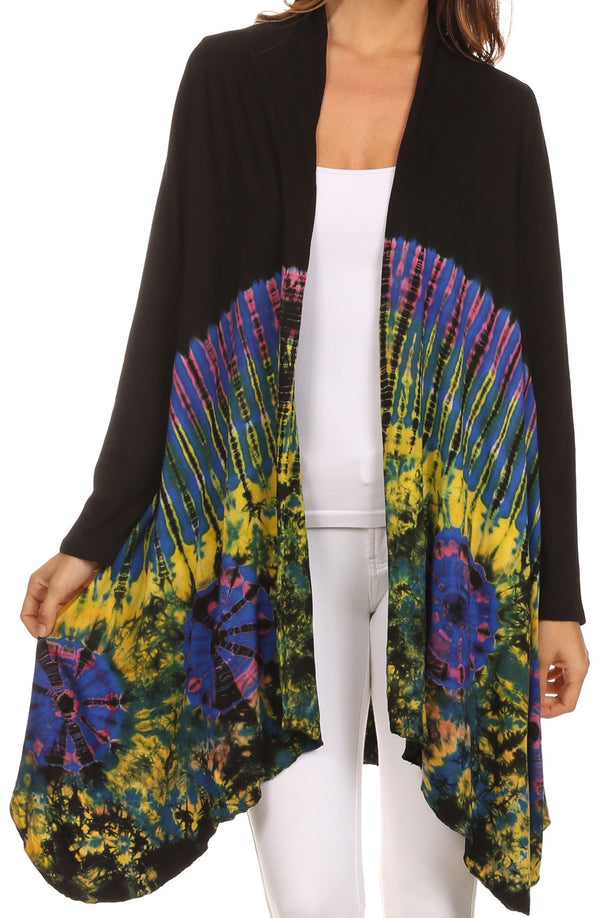 Sakkas Anjali Long Sleeve Draped Tie Dye Cardigan#color_Black/Blue