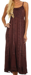 Sakkas Stonewashed Empire Waist Floral Vine Trumpet Crepe Inlay Ruffle Hem Dress#color_Chocolate