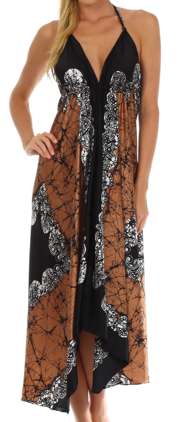 Sakkas Veins Print Satin V-Neck Halter Handkerchief Hem Dress#color_Cappuccino