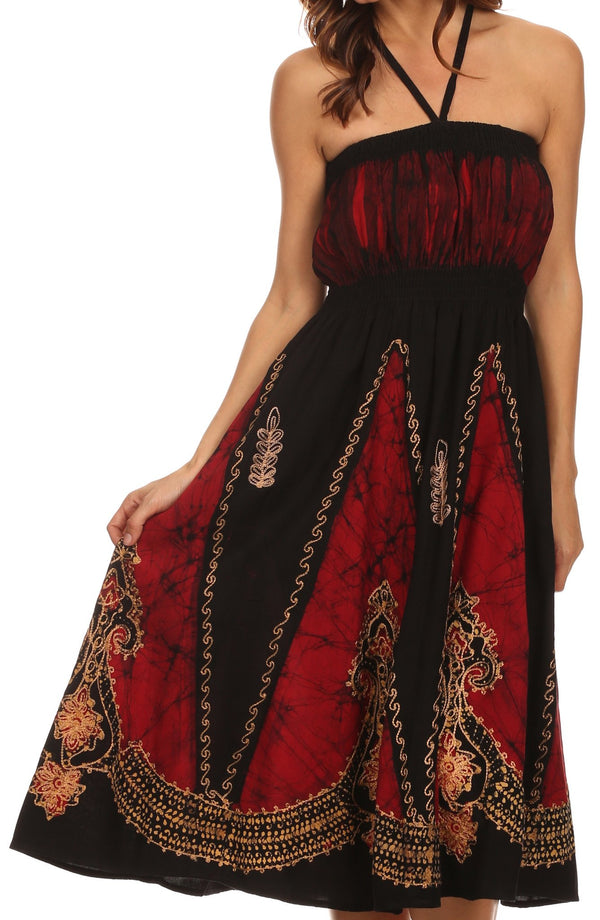 Sakkas Jaya Sleeveless Adjustable Tea Length Tube Top Embroidered Tie Dye Dress#color_Black/Red