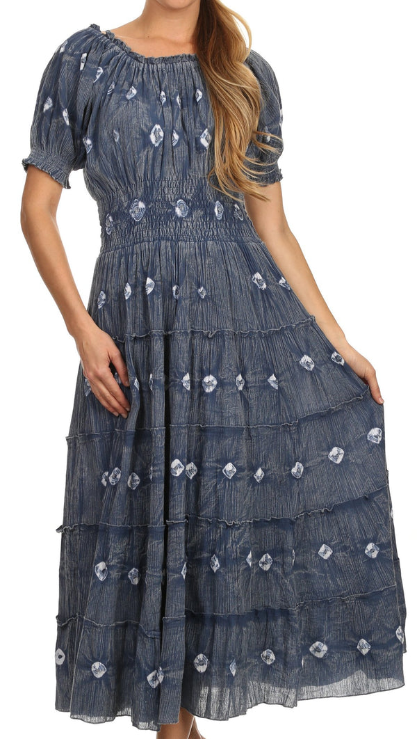 Sakkas Aiden Crepe Peasant Gypsy Boho Long Tie Dye Dress#color_Blue