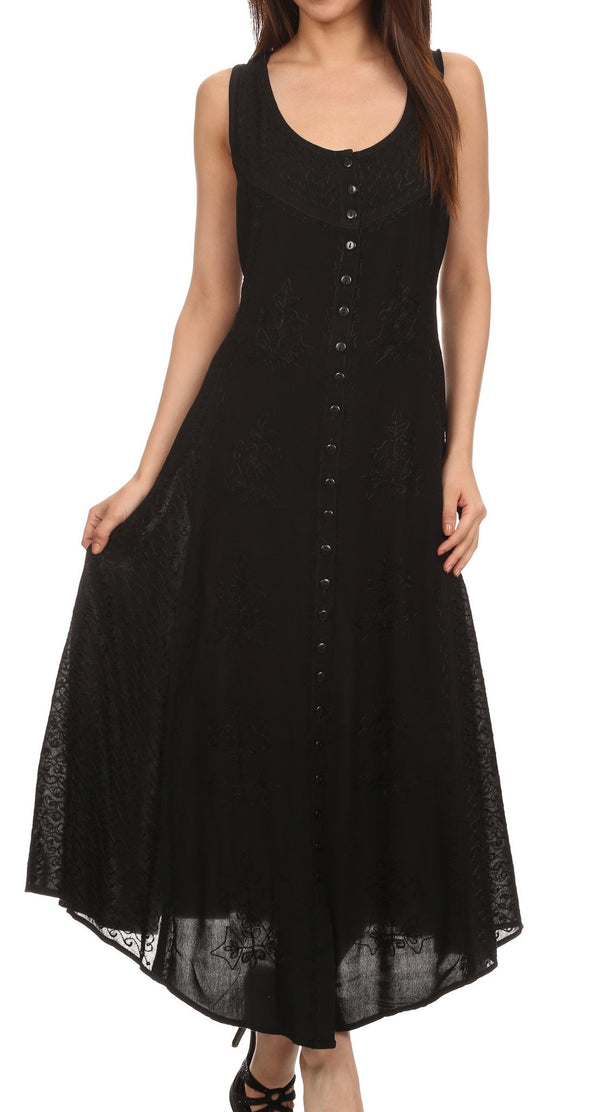 Sakkas Beverlee Embroidered Button Down Sleeveless Caftan Dress#color_Black