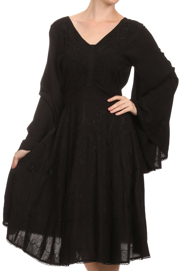 Sakkas Addyson Drop Neck Long Sleeve Embroidered Boho Dress#color_Black