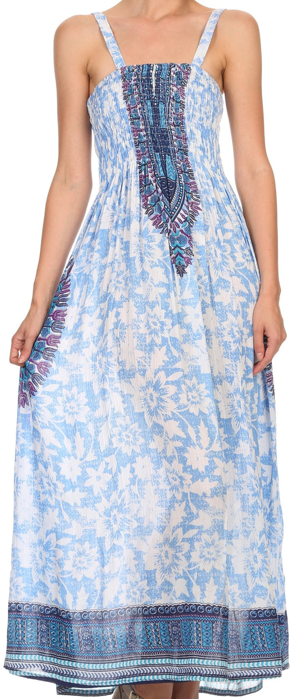 Sakkas Lina Smocked Bust Adjustable Strap Long Dress#color_Blue