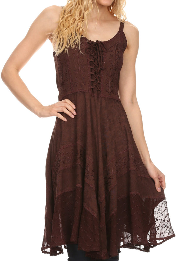 Sakkas Calleea Mid Length Embroidery Sleeveless Spaghetti Strap Corset Batik Dress#color_Chocolate