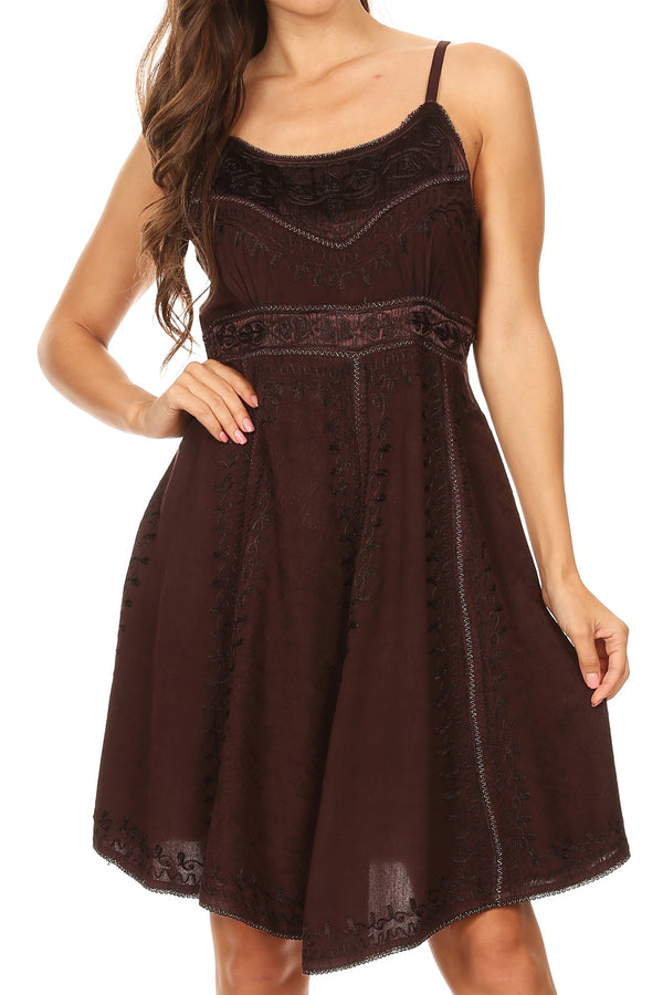 Sakkas Markay Short Mid Length Spaghetti Strap Sleeveless Embroidered Batik Dress#color_Brown