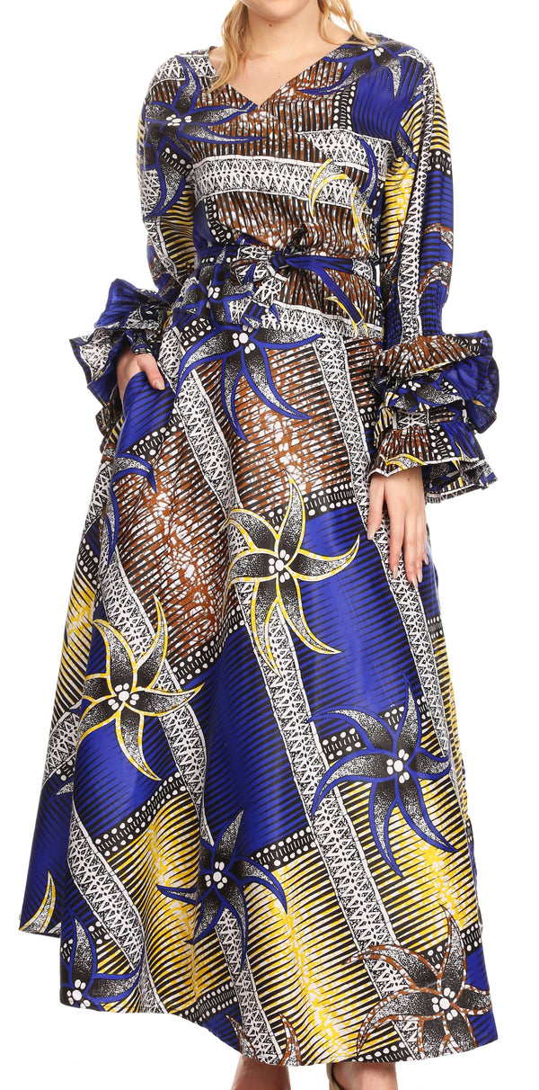 Sakkas Tale Women's Maxi Long Sleeve Wrap Dress with Pockets African Ankara Print#color_118-RoyalYellowMulti