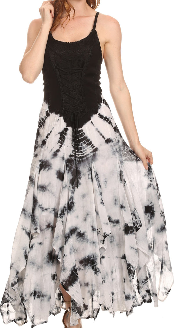 Sakkas Sami Long Sleeveless Spaghetti Strap Handkerchief Hem Dress With Corset Top#color_Black