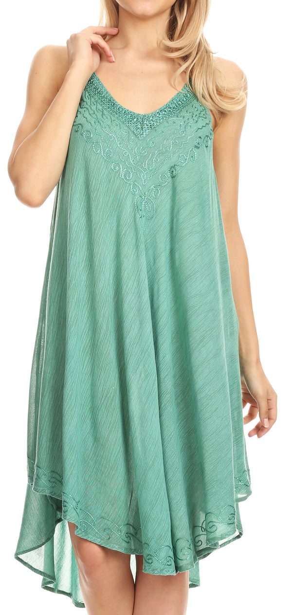 Sakkas Calais Mid Length Sleeveless Tank Top Detailed Embroidery Caftan Dress#color_Aqua